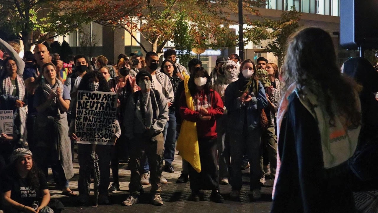 Speaker addresses the crowd at the election night protest in D.C.  | Staff/Fight Back! News
