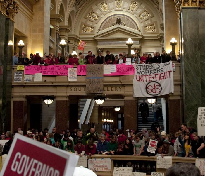 Protesters pack in and around Wisconsin State Capitol, Madison, Feb. 19, 2011
