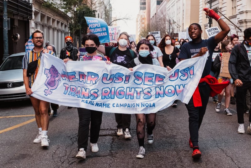 Youth lead 250-person march under banner that says “Hear us! See us! Trans Right