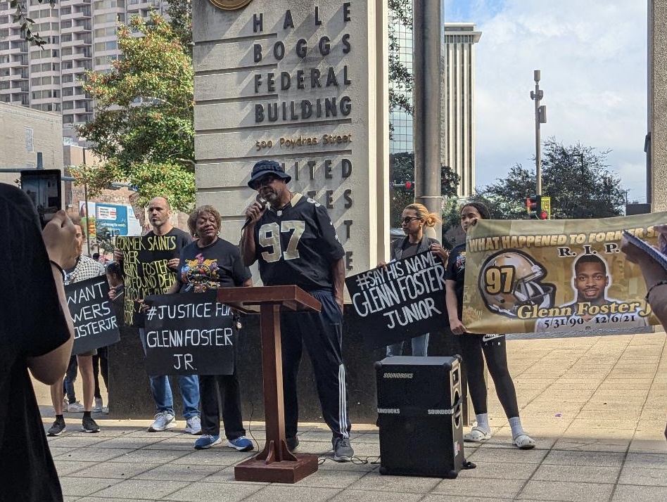 Glenn Foster Sr speaks to the press condemning the cover-up of his son's killing by law enforcement in Pickens County, Alabama.