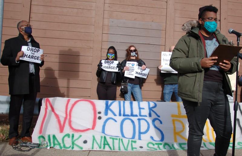 Jae Yates speaking at press conference demanding all charges are dropped