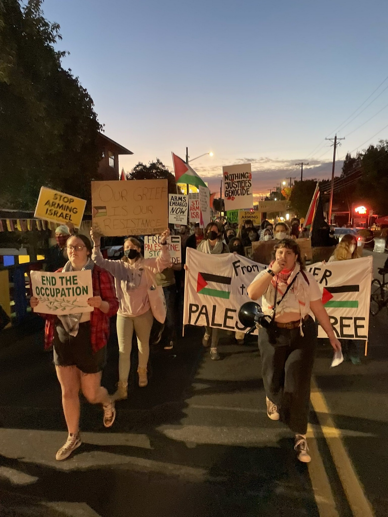 Crowd marches holding signs with slogans like “nothing justifies genocide” and “stop arming Israel.”
