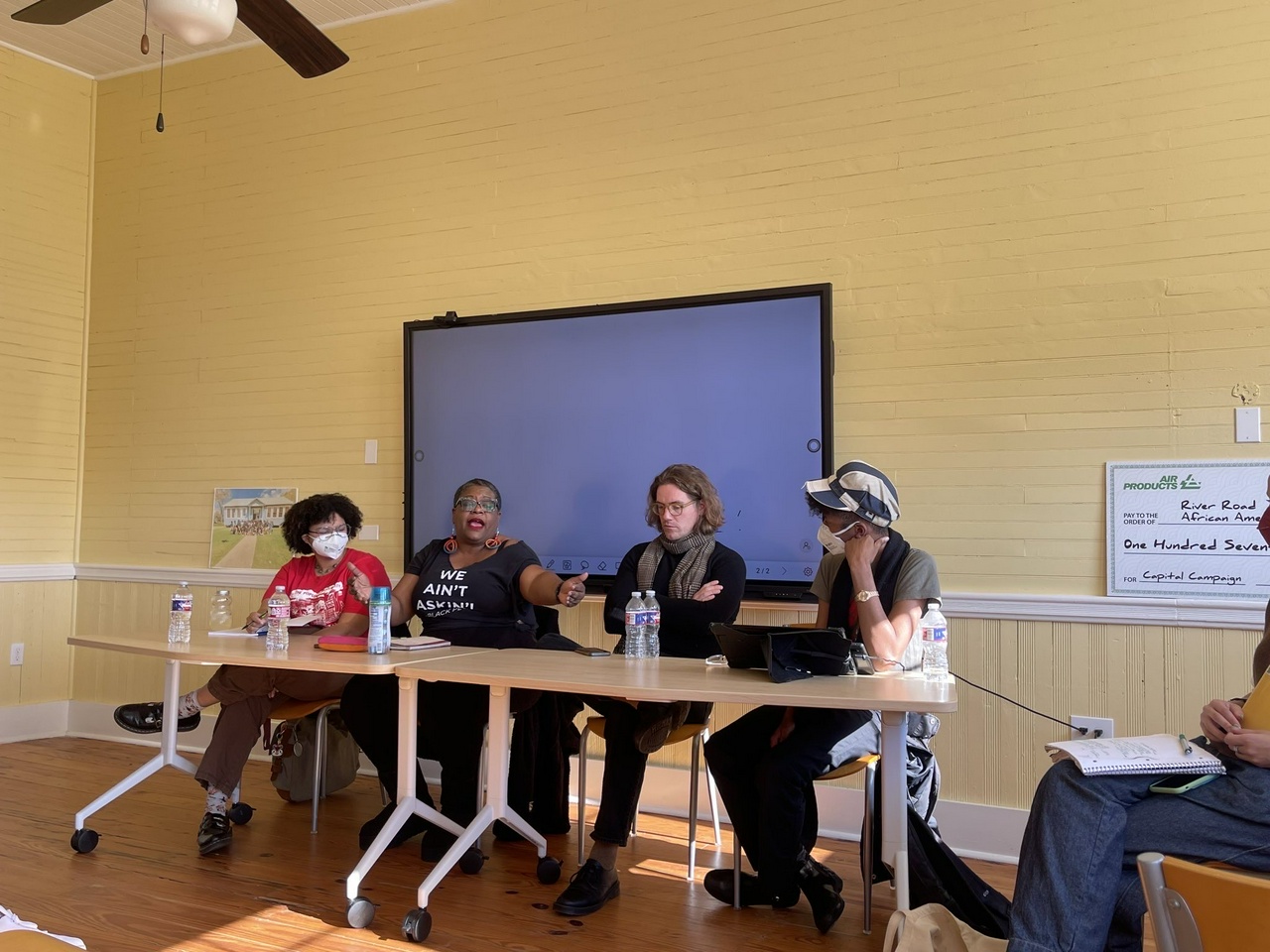 Panelists at anti-repression events speak at Rosenwald School in Donaldsonville , Louisiana.