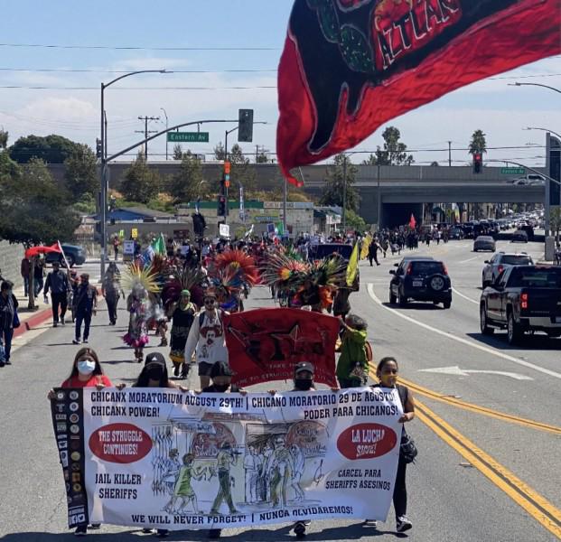 Members of Les Malinches leading Los Angeles march on Whittier Blvd.