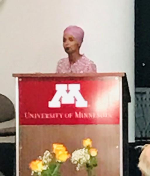 Representative Omar speaking at the University of Minnesota.