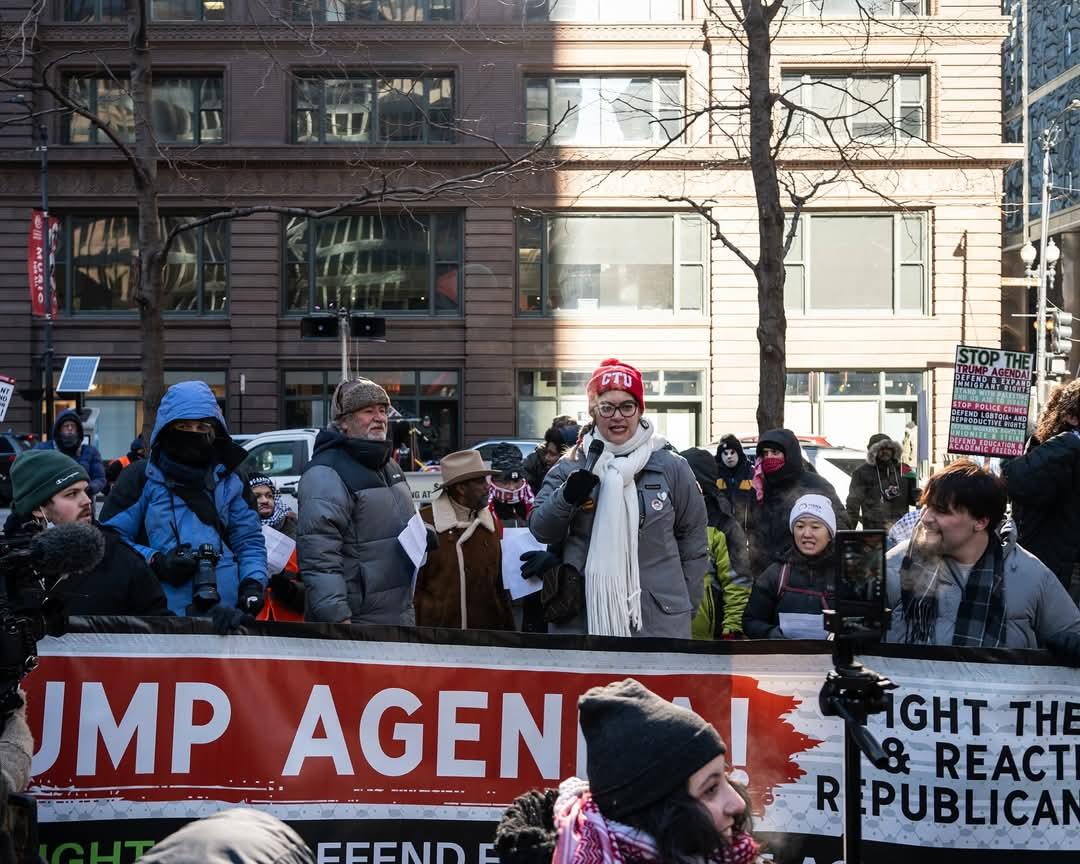 CTU Early Childhood Committee chair Diane Castro \[center\] speaks at Federal Plaza on January 20th, 2025.  | Photo: Paul Goyette/Fight Back! News