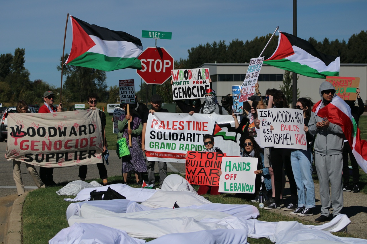 Grand Rapids, Michigan protest targets weapons maker for arming apartheid Israel.  | Staff/Fight Back! News