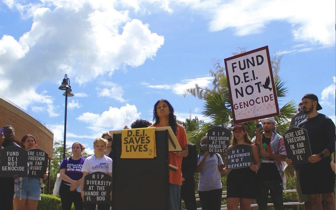 Students rally for DEI at board of governors meeting in Orlando, Florida.