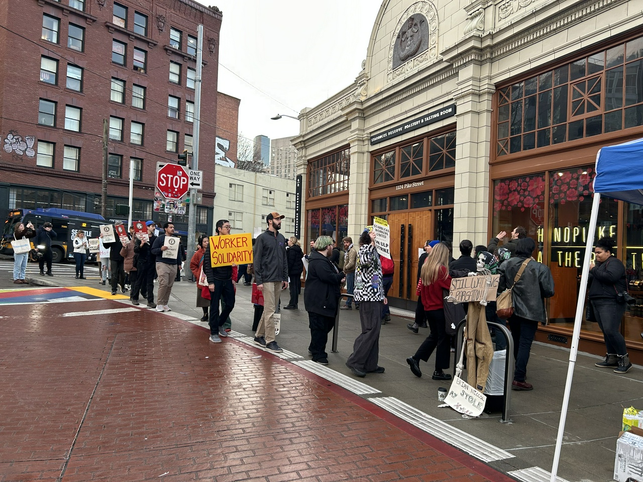 Striking Starbucks workers on the picket line.