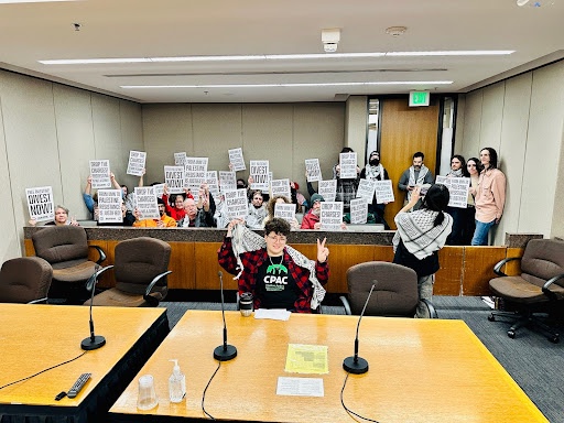 Protesters pack pretrial hearing demanding felony charge against pro-Palestine protest be dropped.