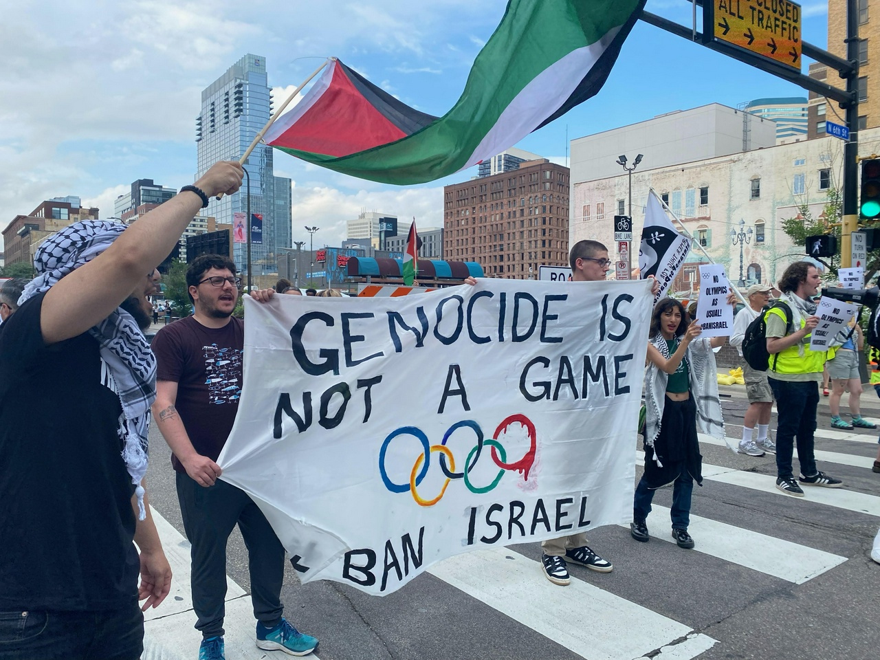 Protest at U.S. gymnastics trials calls for banning apartheid Israel from Olympics.  | Staff/Fight Back! News