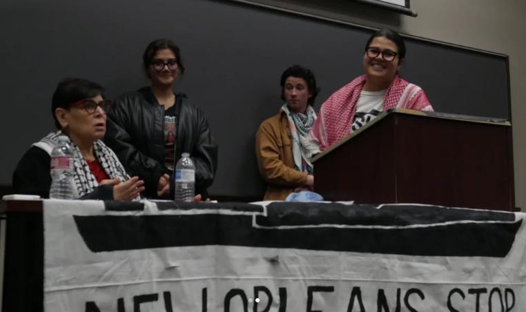 Panelists speak to crowd at anti-Zionist evert at University of New Orleans.
