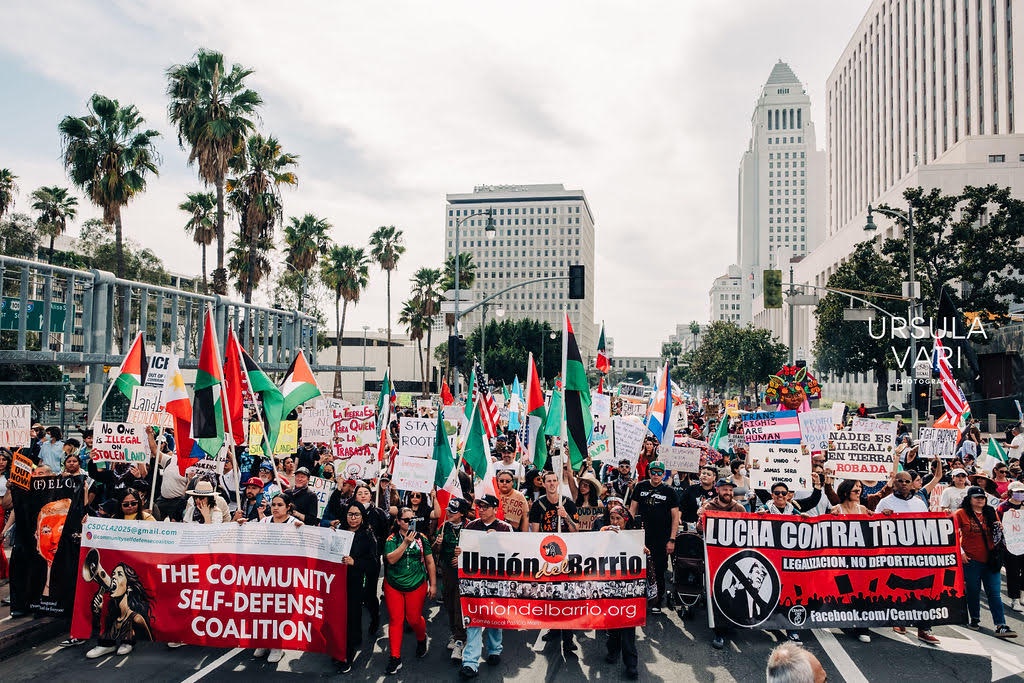 Large group marches through the street. They carry signs, flags, and banners. Palestinian flags are prominent. The banners at the front of the march read “The Community Self-Defense Coaliation”, “Union del Barrio”, and “Lucha Contra Trump. Legalizacion, no deportaciones. Facebook.com/CentroCSO”.