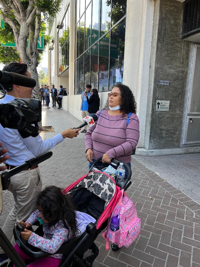 Antonieta Garcia speaking to media after victory at Los Angeles school board meeting.  | Fight Back! News/staff