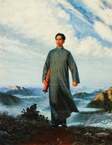 Oil painting of Mao on a mountaintop holding a scroll with a determined look on his face.