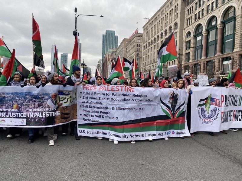 Chicago march demands "U.S. and Israel: Hands off Jerusalem."