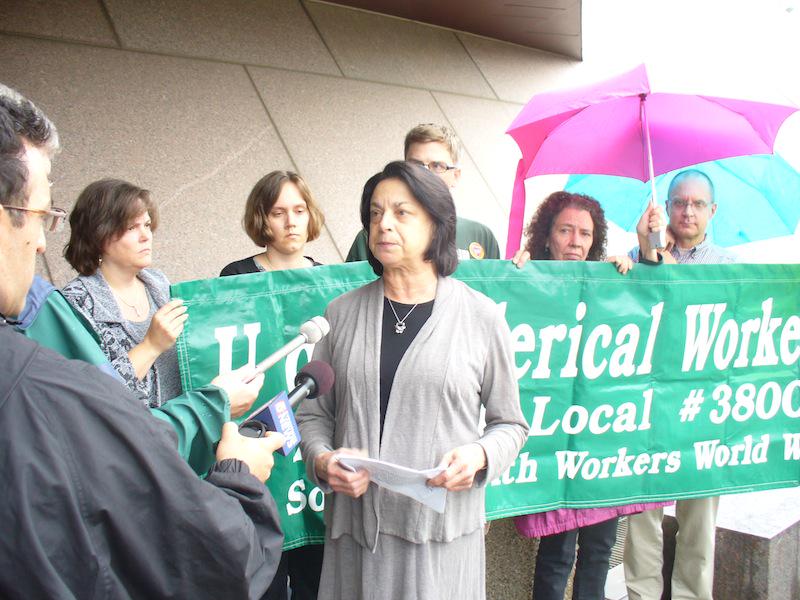 Phyllis Walker, president of AFSCME 3800 speaking at June 14 press conference