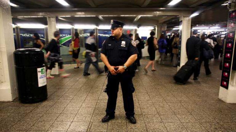 NYPD officer in the subway station. (FightBack!News/Getty Images)