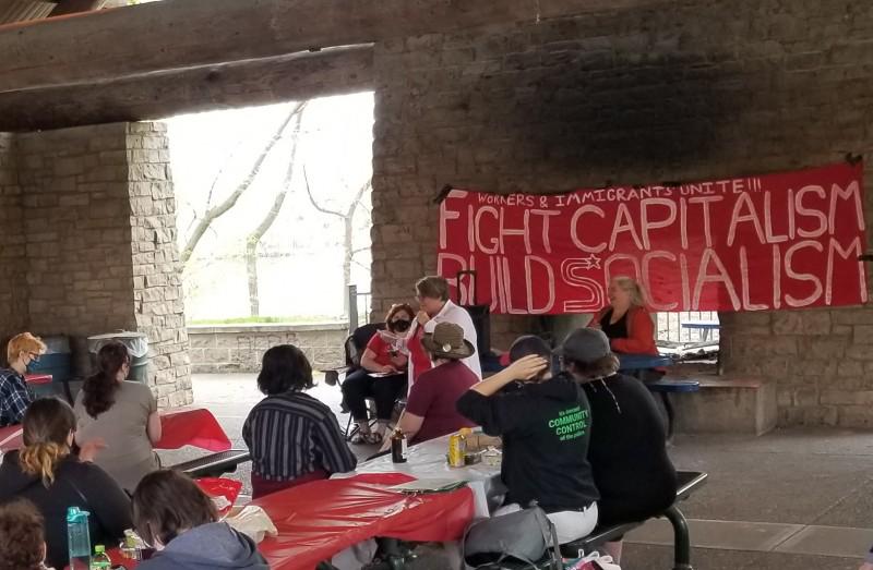 FRSO leader Jess Sundin speaking at May Day event.