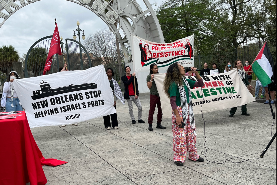 Speaker leads pro-Palestine chants in front of banners at Armstrong Park. | Fight Back! News/staff