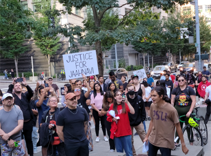 Seattle march and rally demands Justice for Jaahnavi Kandula. Fight Back! News /staff.